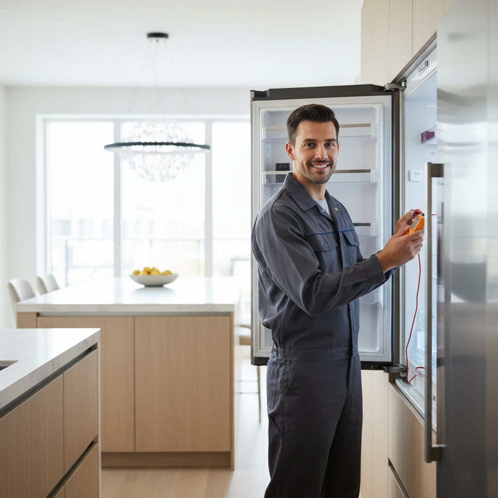 Professional Viking appliance technician inspecting a refrigerator